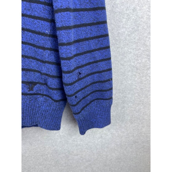 American Eagle Sweater Men's L Blue Striped Long Sleeve High Neck Button HOLE - Picture 2 of 10